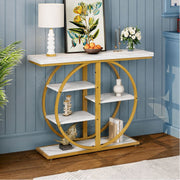 Gold Circle Console Table with Marble Shelves & Storage