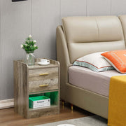Modern LED Pedestal with Open Shelf beside a bed, featuring a subtle wood-grain finish and decorative items.