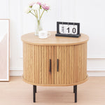 Sliding tambour door side table showing internal 2-tier storage shelves