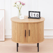 Sliding tambour door side table showing internal 2-tier storage shelves