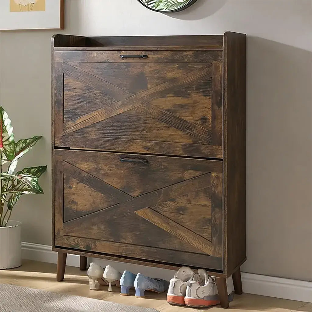Rustic Tilt-Out Shoe Cabinet with two drawers displaying shoes in a stylish entryway setting.