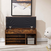 Rustic Shoe Storage Bench with Cushion showcasing open compartments and padded flip-top design.