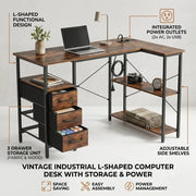 L-Shaped Desk with Power Outlets & Drawers
