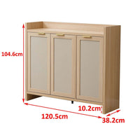 Boho 3-Door Shoe Cabinet with elegant gold handles and warm rustic charm, dimensions 120.5cm x 38.2cm x 104.6cm.