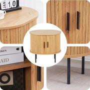 Close-up details of sliding tambour doors and metal legs on round side table