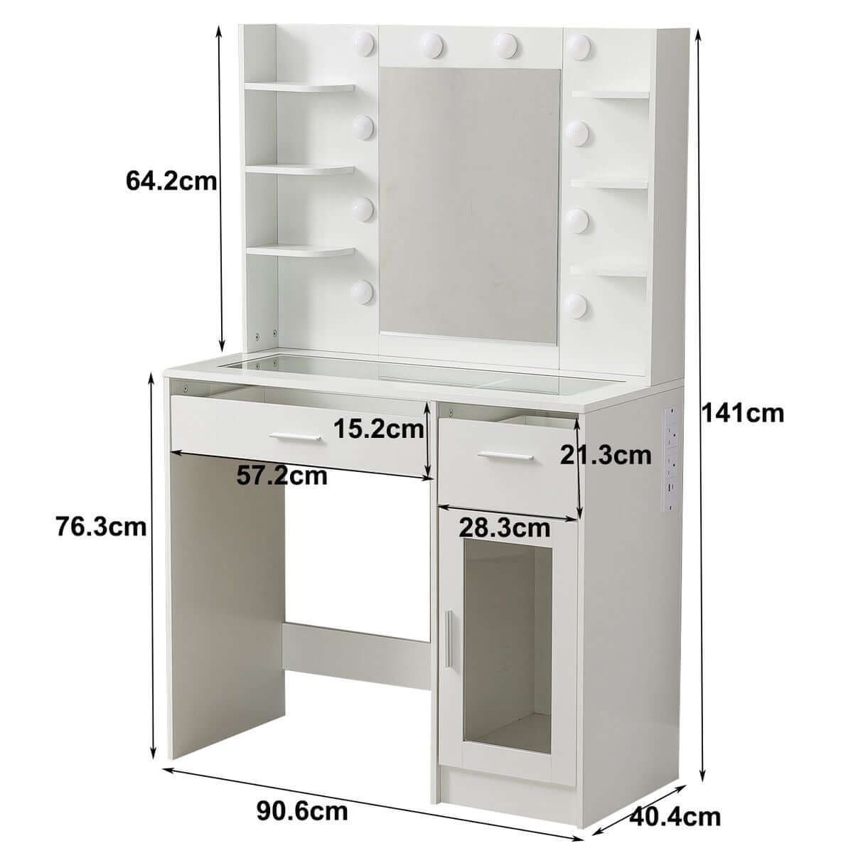 LED Vanity Desk with Charging Station & RGB Glass Top DR-17 dimensions and features displayed clearly.