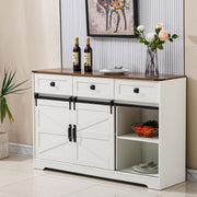 Farmhouse Wine Bar Cabinet featuring a white finish and rustic wood top, perfect for wine storage and home decor.