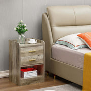 Modern LED Pedestal with Open Shelf beside a stylish bed, featuring two drawers and a decorative plant.