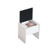 Dressing Table with Mirror featuring a white storage box with books and accessories neatly organized inside.