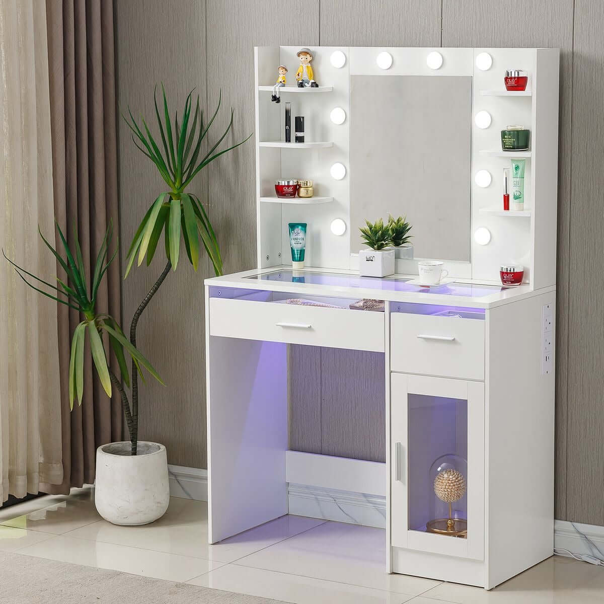 LED Vanity Desk with Charging Station and illuminated mirror for an organized beauty setup.