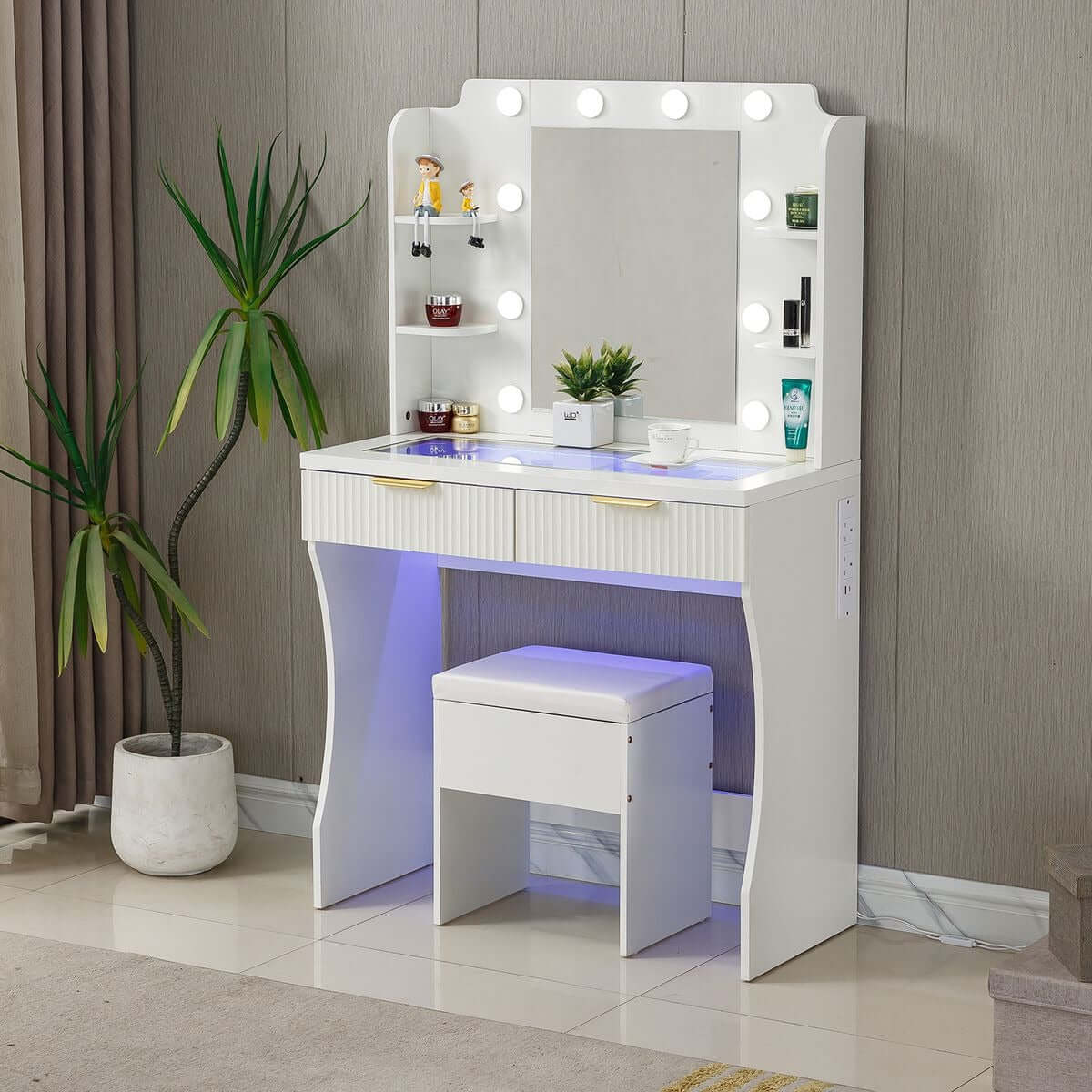 LED Dressing Table with Mirror featuring a charging station, illuminated vanity mirror, and stool in a stylish bedroom setting.