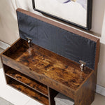 Rustic Shoe Storage Bench with Cushion showing the hidden flip-top compartment and wooden interior.