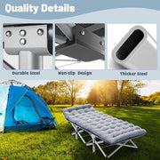 Quality details of reinforced steel frame on folding camping cot with mattress