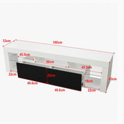 Modern Floating LED TV Stand dimensions with high-gloss finish, featuring two drawers and open shelves for storage.
