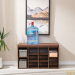 Cubby Shoe Storage Bench with Cushion & Adjustable Shelves positioned in a stylish living space against a mountain backdrop.