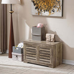 Rustic Storage Trunk Shoe Bench with decorative boxes in a stylish entryway setting.