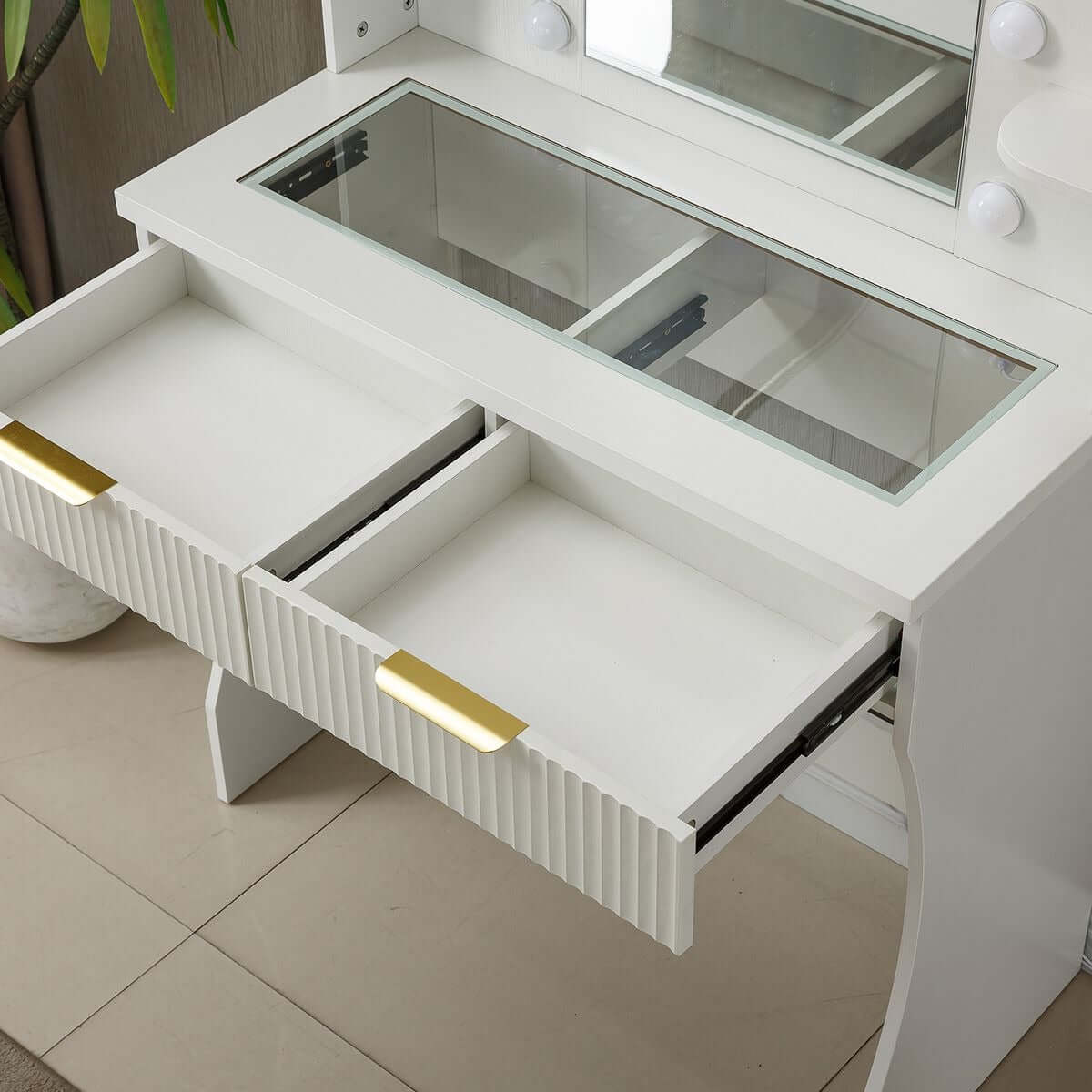 Dressing Table with Mirror featuring two empty drawers and a glass top for elegant storage and display.