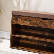 Rustic Shoe Storage Bench with Cushion featuring a padded top and spacious open shelves for organized entryways.