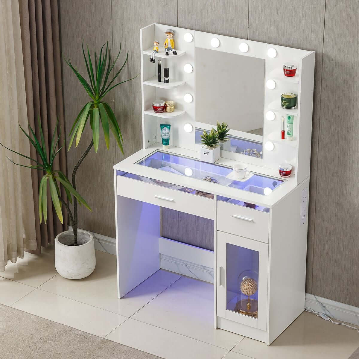 LED Vanity Desk with Charging Station & RGB Glass Top DR-17 featuring illuminated mirror and storage.