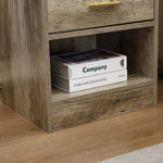 Modern LED Pedestal with an open shelf showcasing books and a wood-grain finish for stylish bedroom decor.