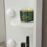 Dressing Table with Mirror showcasing a skincare product on a shelf beside illuminated bulbs.