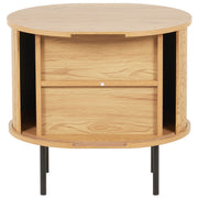 2-tier interior storage shelving of round side table with sliding doors
