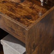 Rustic Shoe Storage Bench with Cushion close-up of the wooden finish and flip-top compartment.