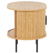 Round side table with storage showcasing slatted wood exterior