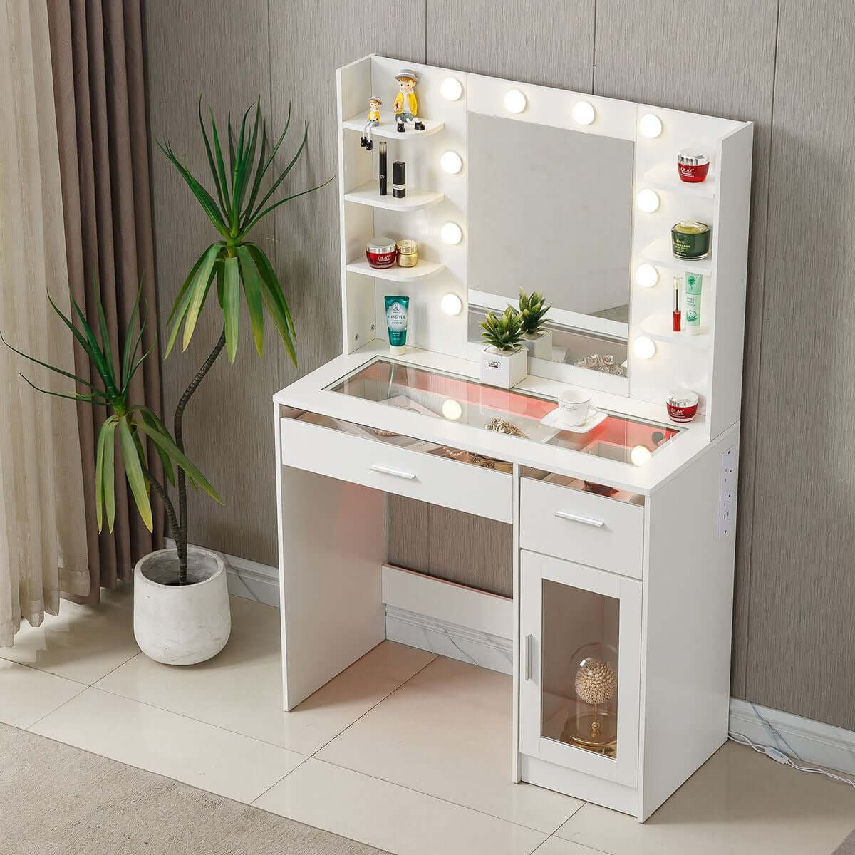 LED Vanity Desk with Charging Station and RGB Glass Top DR-17 featuring illuminated mirror and storage.