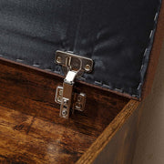 Close-up of the Rustic Shoe Storage Bench with Cushion flip-top hinge for hidden storage.
