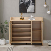 Boho 3-Door Shoe Cabinet with open doors displaying shelves, perfect for stylish home organization.