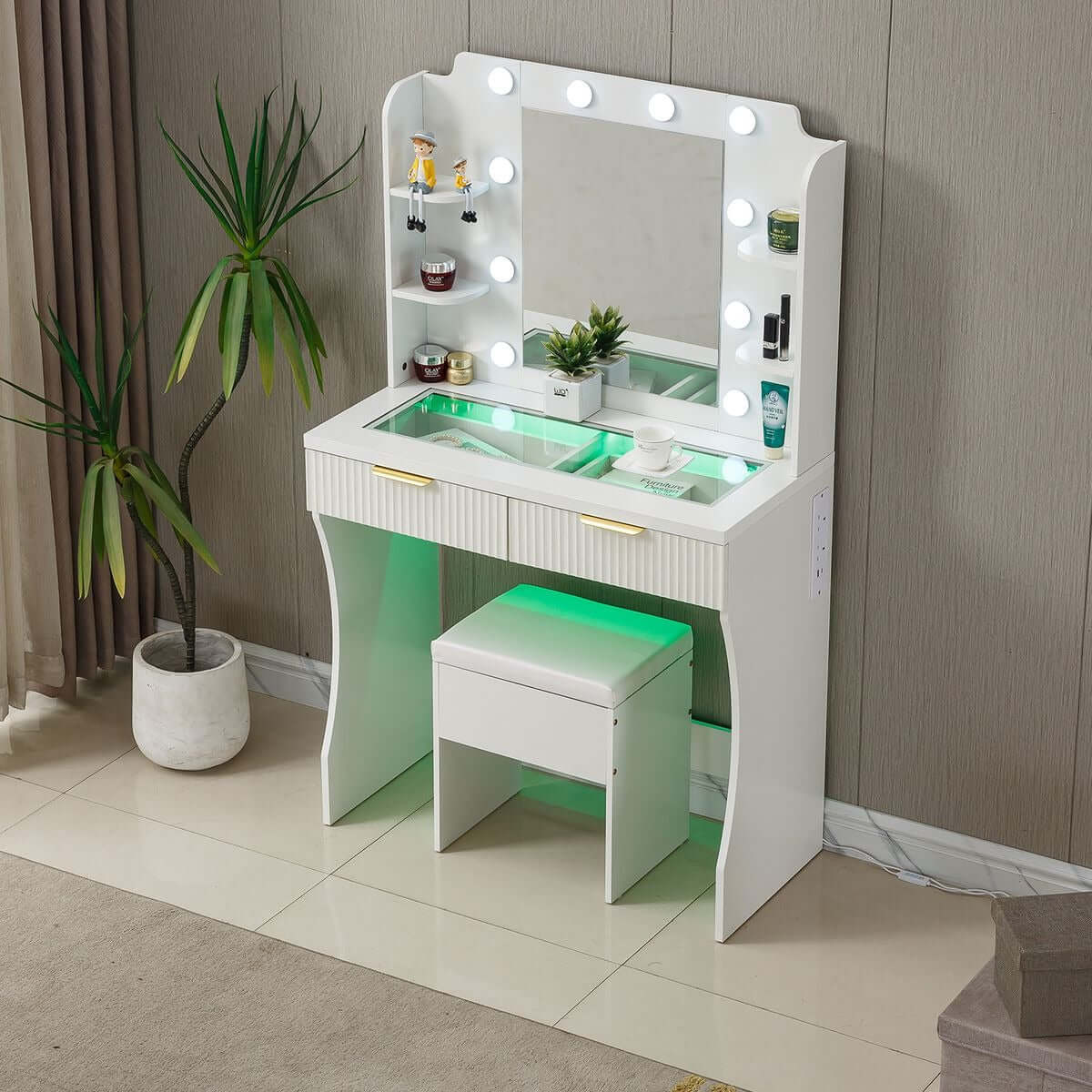 LED Vanity Desk with Charging Station & Stool featuring modern design and integrated LED lights for enhanced beauty routines.