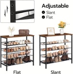 Two shoe racks showing adjustable slant and flat options with shoes on display.