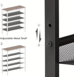 Adjustable metal shelf with labeled parts on a white background