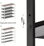 Adjustable metal shelf with labeled parts on a white background