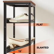 A three-tier shoe rack with a dark metal frame and a wood-grain top shelf, shown with two cream-colored shoes on different shelf angles. The image includes text overlays indicating 'FLAT' for the top shelf and 'SLANTED 15°' for the bottom shelf.
