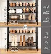 Shoe rack shelf configurations showing everyday shoe storage and a removed shelf to make space for tall boots