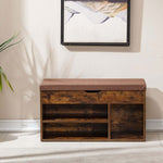 Rustic Shoe Storage Bench with Cushion featuring a padded top and open shelves in a cozy hallway setting.