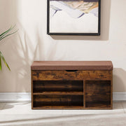 Rustic Shoe Storage Bench with Cushion featuring a padded top and open shelves in a cozy hallway setting.