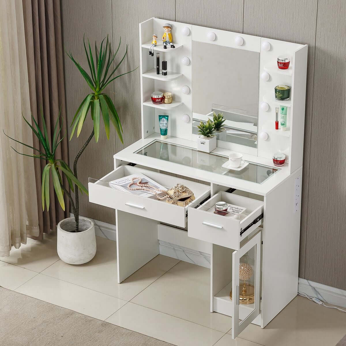 LED Vanity Desk with Charging Station, see-through glass top and illuminated mirror for cosmetics display.