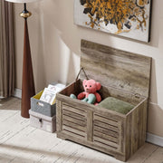 Rustic Storage Trunk Shoe Bench with open lid, plush toy inside, and stylish decor in a cozy living space.