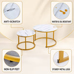 Two round nesting tables with white marble-patterned tops and gold metal frames, shown on a light beige background with feature callout boxes reading Anti-Scratch, Water & Oil Resistant, Non-Slip Feet, and Sturdy Metal Legs.