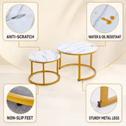 Two round nesting tables with white marble-patterned tops and gold metal frames, shown on a light beige background with feature callout boxes reading Anti-Scratch, Water & Oil Resistant, Non-Slip Feet, and Sturdy Metal Legs.