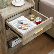Modern LED Pedestal with open shelf and drawer showcasing beauty products and a magazine.