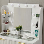 LED Dressing Table with Mirror featuring shelves for cosmetics and decorative items.