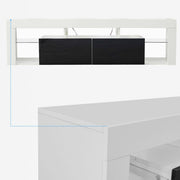 Modern Floating LED TV Stand showcasing a sleek, high-gloss design with black storage drawers.