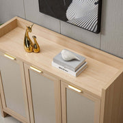 Boho 3-Door Shoe Cabinet with elegant gold handles and decorative items on top, showcasing stylish storage.