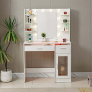 LED Vanity Desk with Charging Station & RGB Glass Top DR-17 featuring illuminated mirror and storage for cosmetics.