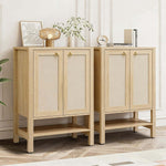 Boho Rattan Storage Cabinet displayed in a stylish living room setting, featuring elegant design and versatile storage options.