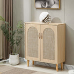 Arched Rattan Shoe Cabinet with 2 Doors in modern bohemian style for stylish entryway storage.